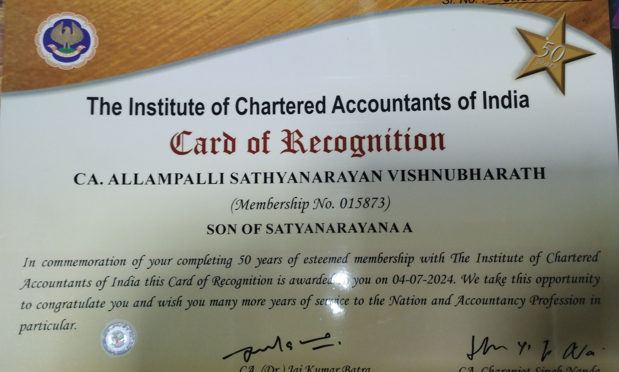 ICAI 50 Years Recognition Card